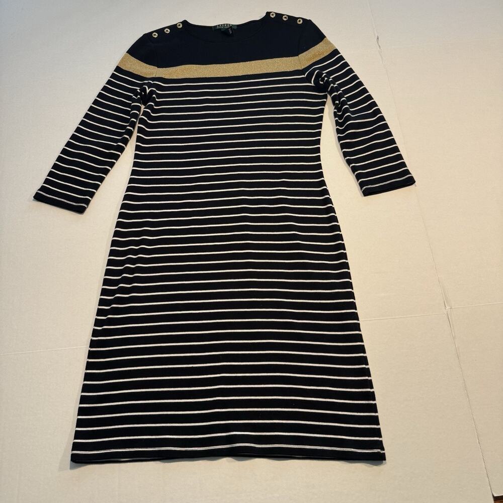 Lauren Ralph Lauren Med Black Gold Stripe Sweater Dress Nautical Button Shoulder